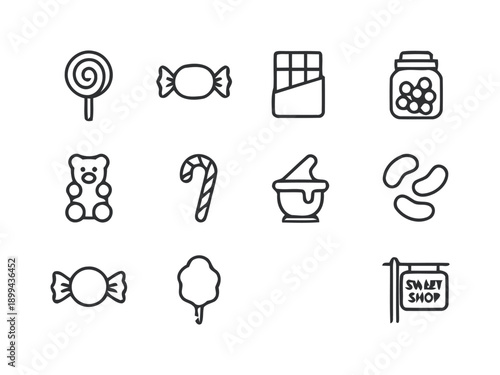 Assortment of sweet candy icons, including lollipops, chocolates, gummy bears, candy canes, cotton candy, and jars of treats