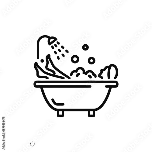 Bathtub icon with shower and bubbles depicting relaxation, bathing, hygiene, and personal care in bathroom setting for home and spa