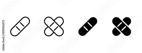 Band aid medical adhesive bandage strips in outline and solid black fill with crisscross and single orientation for wound care first aid injury treatment.