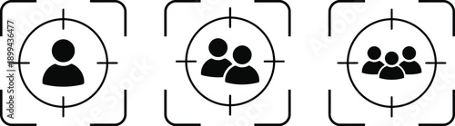 Audience targeting icons representing different group sizes from single person to small group, signifying user segmentation, customer focus, and audience 