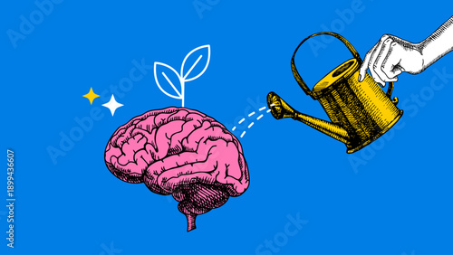Trendy collage of sketch brain and watering can. Education, university, school, psychology, mental health, coaching, e-learning, wellness concept. Hand drawn vector illustration.