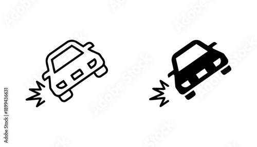 Car accident icons showing vehicle skidding with motion lines and impact effect outline and solid black versions representing traffic incidents and collisions