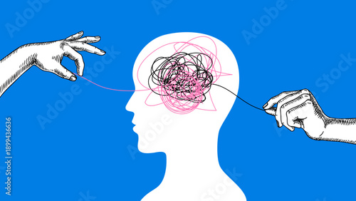 Trendy collage of human silhouette with tangled chaotic head. Psychology, stress, clarity, mental health, support, coaching, therapy concept. Hand drawn vector illustration.
