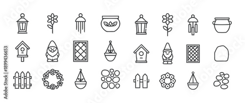 Charming garden icons set, including lanterns, flowers, bird feeders, pots, gnomes, birdhouses, fences, and natural elements