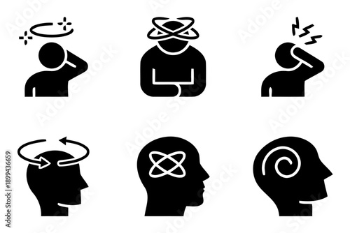 Black icons depicting dizziness and mental distress including swirling heads, intense headache, and confused brain states, representing psychological discomfort