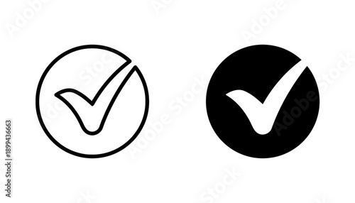 Check mark symbol in circle outline and filled black icons for success done approved and completed tasks business checklist graphic elements