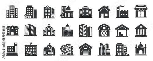 Collection of building icons in solid black style, representing diverse architecture like offices, houses, schools, government buildings, factories, and shops, for urban or city themes.
