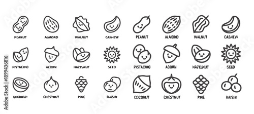 Collection of cute nut and seed icons with faces, including peanuts, almonds, walnuts, cashews, pistachios, acorns, chestnuts, and berries