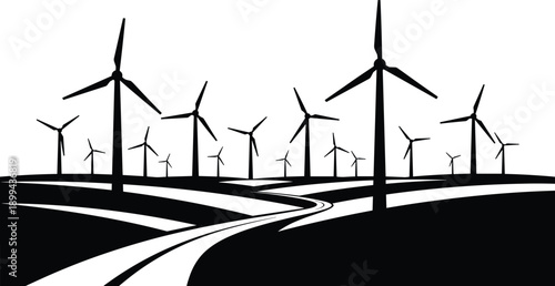 Silhouette of wind turbines on rolling landscape with road, symbolizing renewable energy, clean power generation, sustainable development, and eco friendly technology concept illustration
