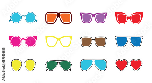 Collection of diverse sunglasses and eyeglasses styles, fashionable eyewear icons, modern and vintage optical frames, colorful accessories, set of spectacles 