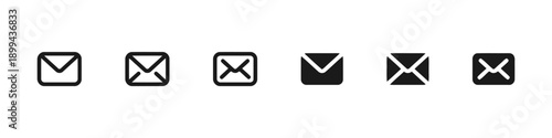 Collection of envelope icons symbolizing mail, email, communication, messages, and correspondence in various simple black outlines and solid designs