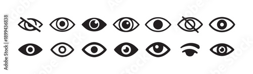 Collection of eye icons, black and white, depicting visibility, vision, sight, observation, surveillance, 