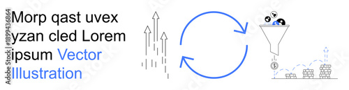 Business strategy, financial analytics, data processing, marketing funnel, growth optimization, circular flow. Arrows, circular workflow funnel filtering coins and graphs. Business growth