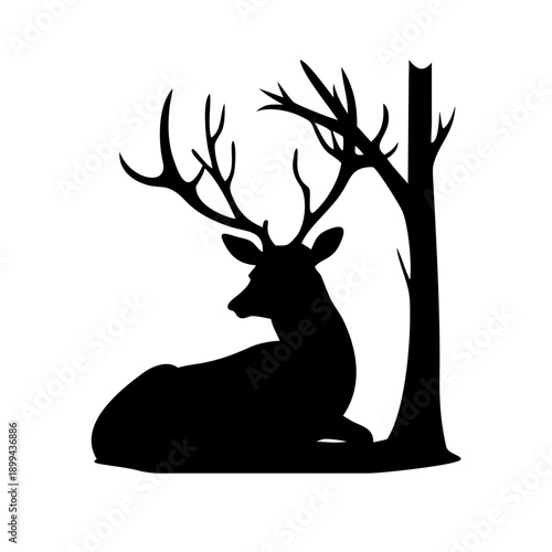 A black vector illustration of a wild deer silhouette with large antlers isolated on a white background for Christmas nature and winter forest wildlife designs