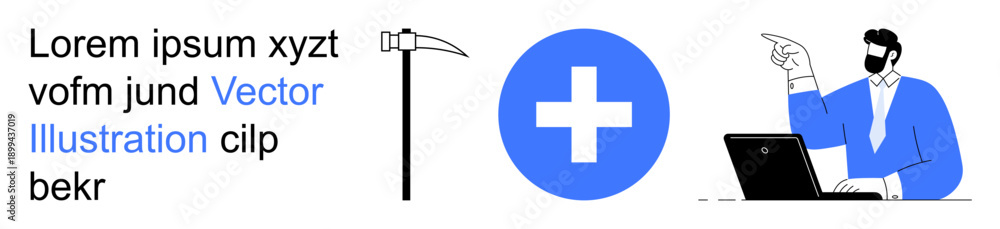 Obraz premium Healthcare, mortality, online services, decision-making, medical education, communication. Scythe icon, cross symbol person pointing at a laptop. Healthcare and mortality visually