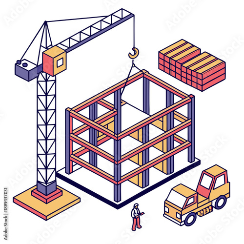 An isometric 3d vector illustration of an urban building under construction site design featuring a city crane, industrial structure, and modern apartment tower architecture for a real estate business