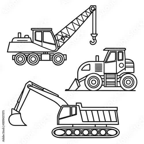 Heavy industrial construction machinery set featuring a yellow excavator and truck isolated on white including a crane, bulldozer, and hydraulic loader for building industry transport