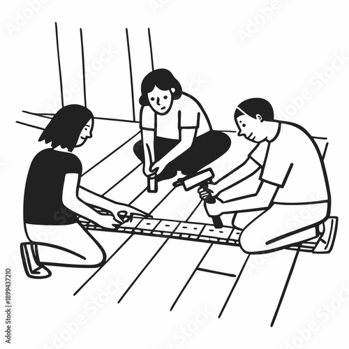 A vector illustration shows a black silhouette of a man and woman fishing with a rod while two men playing tug of war have fun near a cartoon boy practicing his golf swing