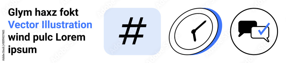 Fototapeta premium metadata tag in a blue square, clock with blue accent, and chat bubble with checkmark. Ideal for social media, time management, collaboration, messaging, scheduling, productivity simple landing page