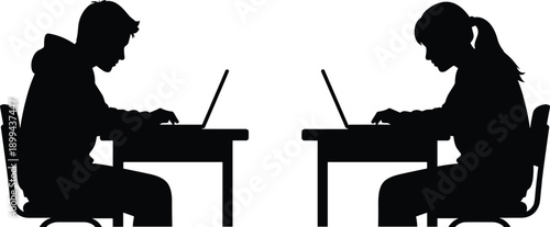 Silhouette of two students using laptops at separate desks, illustrating online learning, remote education, digital communication, and modern classroom technology concept in minimalist style