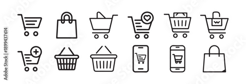 Shopping cart and bag icons vector set, collection of e-commerce and retail symbols in modern outline style