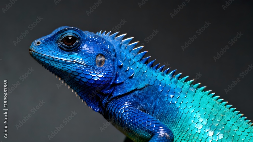 Fototapeta premium Extreme close-up of a vibrant, iridescent blue lizard with striking scales and texture.