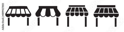 Collection of four simple awning icons with support poles, representing shop fronts, cafes, or stalls, black and white designs for commercial and architectural concepts.
