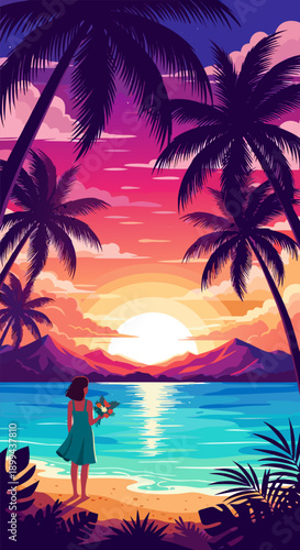 Vibrant vector illustration of a serene tropical beach sunset, with palm trees silhouetted against a colorful sky, a person gazing at the ocean