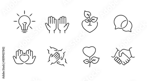 Collection of human connection and support icons line art, featuring hands reaching out, heart with growing plant, and brainstorming symbols for teamwork and collaboration themes