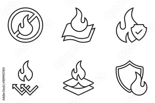 Collection of icons related to fire safety and fire resistance including a crossed out flame layers of material a shield with flame and fire protection symbols vector illustration