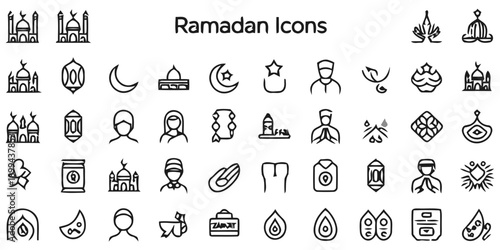 Collection of Ramadan icons and symbols including mosque crescent moon lantern prayer beads people and food for muslim religious holiday graphic design elements