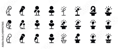 Collection of microphone icons representing public speaking, performance, and broadcast events, diverse styles for presentations and audio recording.