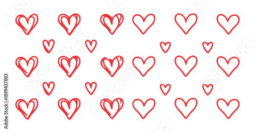 Collection of red hearts drawn in a simple sketchy style on white background, valentine decoration, romantic symbols, love icons, graphic elements, doodle hearts.