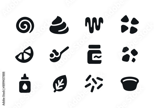 Collection of simple black icons representing food ingredients and cooking elements, including swirl, swirl cream, sauce drips, spices, lemon slice, berries, 