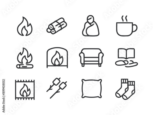 Cozy home elements icons, warm fire, stacked logs, person wrapped in blanket, hot drink cup, fireplace, armchair, slippers, book, hearth rug, marshmallows 
