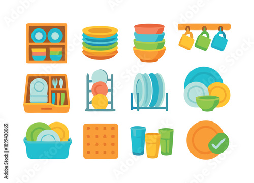 Dishware icons for kitchen organization and storage, showing plates, bowls, cups, and cutlery in various holders, racks, and a drying basket, emphasizing tidiness and domesticity.