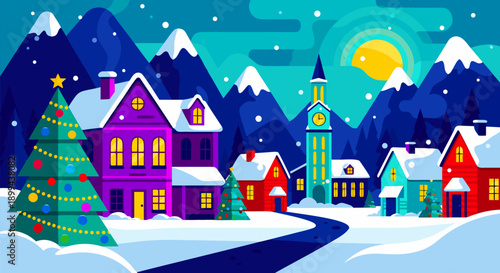 Festive Winter Village Scene with Christmas Tree and Snow-Covered Houses A Beautiful Vector Illustration for the Holidays