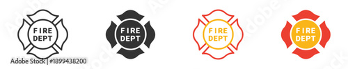 Fire department emblem, Maltese cross symbol, fire brigade badge with text, red yellow and blue color variations for safety and emergency services branding.