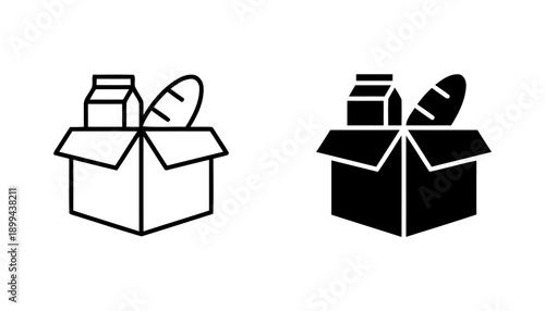 Food box icon representing grocery delivery and essentials, cardboard package with milk and bread, food supply symbol, donation box outline and solid graphic