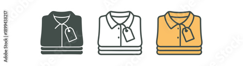 Folded shirt icons with price tags in three color variations: charcoal, white outline, and mustard yellow. Represents clothing items, retail, fashion, sale, 