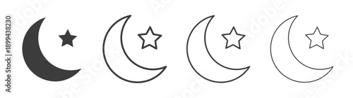 Four moon and star icons representing nighttime, sleep, and celestial bodies, shown in solid dark, outline, filled outline, and thin line styles for versatile design use.