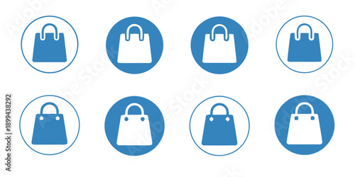 Eight blue shopping bag icons arranged in two rows, representing commerce, retail, purchase, online shopping, and consumerism for marketing and e-commerce.
