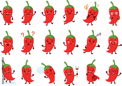 Large collection of cute red chili pepper cartoon characters with various poses, emotions, and superhero themesLarge collection of cute red chili pepper cartoon characters with various poses, emotions