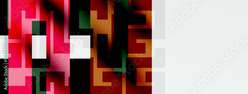 Abstract geometric shapes, vibrant reds, greens, pinks dominate composition. Text hope visible within design. Modern aesthetic.