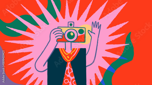 A whimsical person with a retro camera head and a red bandana stands amidst colorful abstract plant shapes and radiant starbursts, capturing a unique creative moment.
