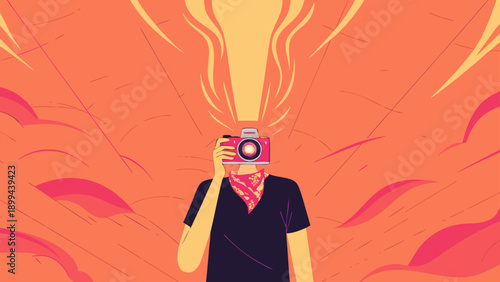 A whimsical person with a retro camera head and a red bandana stands amidst colorful abstract plant shapes and radiant starbursts, capturing a unique creative moment.