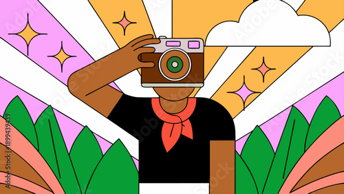A whimsical person with a retro camera head and a red bandana stands amidst colorful abstract plant shapes and radiant starbursts, capturing a unique creative moment.