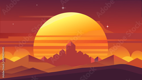 A whimsical person with a retro camera head and a red bandana stands amidst colorful abstract plant shapes and radiant starbursts, capturing a unique creative moment.