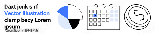 Financial planning, business management, time organization, budgeting, data analysis, scheduling. Pie chart, marked calendar and coin icon. Financial planning and data analysis concepts