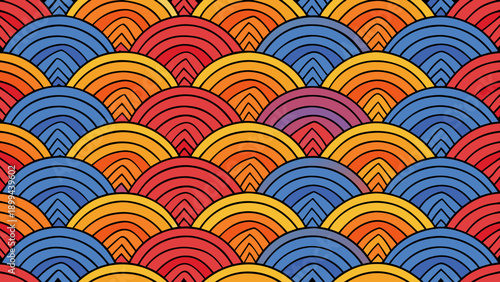 A vibrant blue ocean wave crashes with white foam, rendered in a mosaic-like, stained-glass illustration style against an orange sky filled with geometric stars and circles.